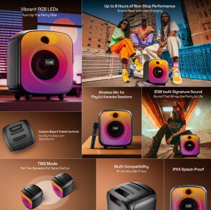 boAt PartyPal 63 Pro w/ Wireless Mic for Karaoke,8HRS Playback,RGB LEDs & TWS Feature 30 W Bluetooth Party Speaker