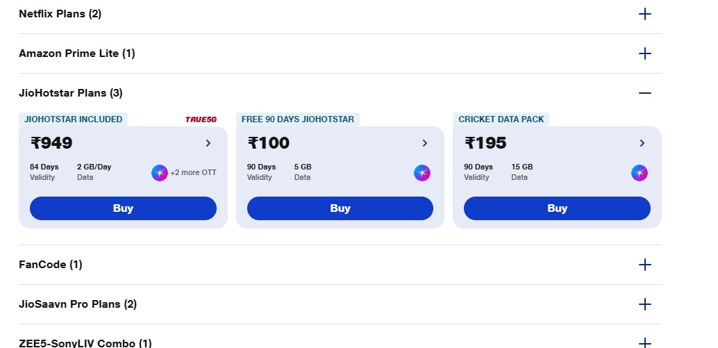Jio plans with free JioHotstar subscription